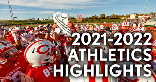 "2021-22 Athletics Highlights" text overlay with a photo of the Central Dutch football team in the background.