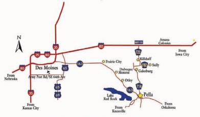Map showing Roads into Pella, and directions from Nebraska, Kansas City, Iowa City, Oskaloosa and Knoxville.