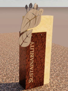 Rendering of the Sustainability history marker, depicting leaves that align to form a footprint that represents Central's fundamental values of sustainability leadership.