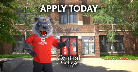 "Apply Today" text overlay with a photo of Central College mascot, Big Red, giving a thumbs up in the background.