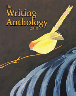 The Writing Anthology 2018 cover featuring a yellow bird on a twig