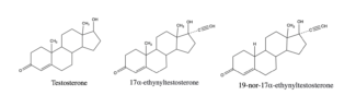 Figure IV. Structure of testosterone, 17ɑ-ethynyltestosterone and 19-nor-17ɑ-ethynyltestosterone.